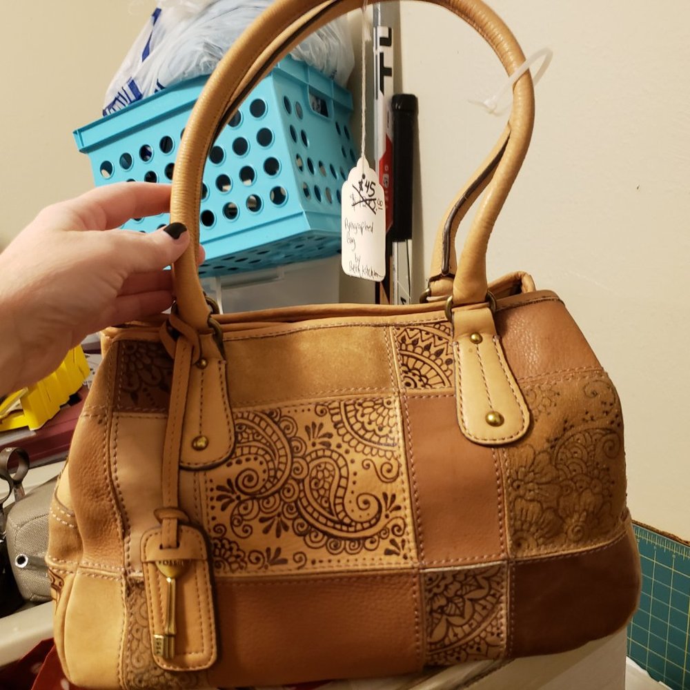 Fossil Patchwork Purse With Custom Pyrographed He… - image 2